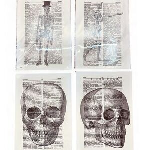 Skeleton Skull Spooky Upcycled‎ Dictionary Art Prints Lot 4 Mini Poster Set OOAK